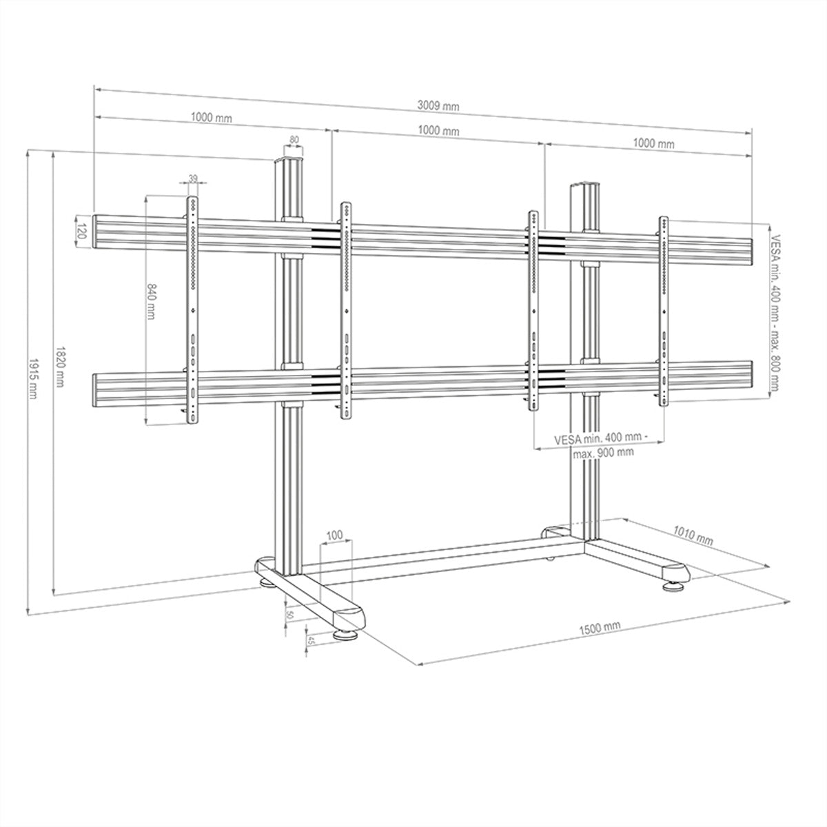 Hagor TV-Wagen – 75–86″ – VESA 400×400–900×800 – bis 75 kg, für 2 Displays, mit Rollen – CPS Floorstand
