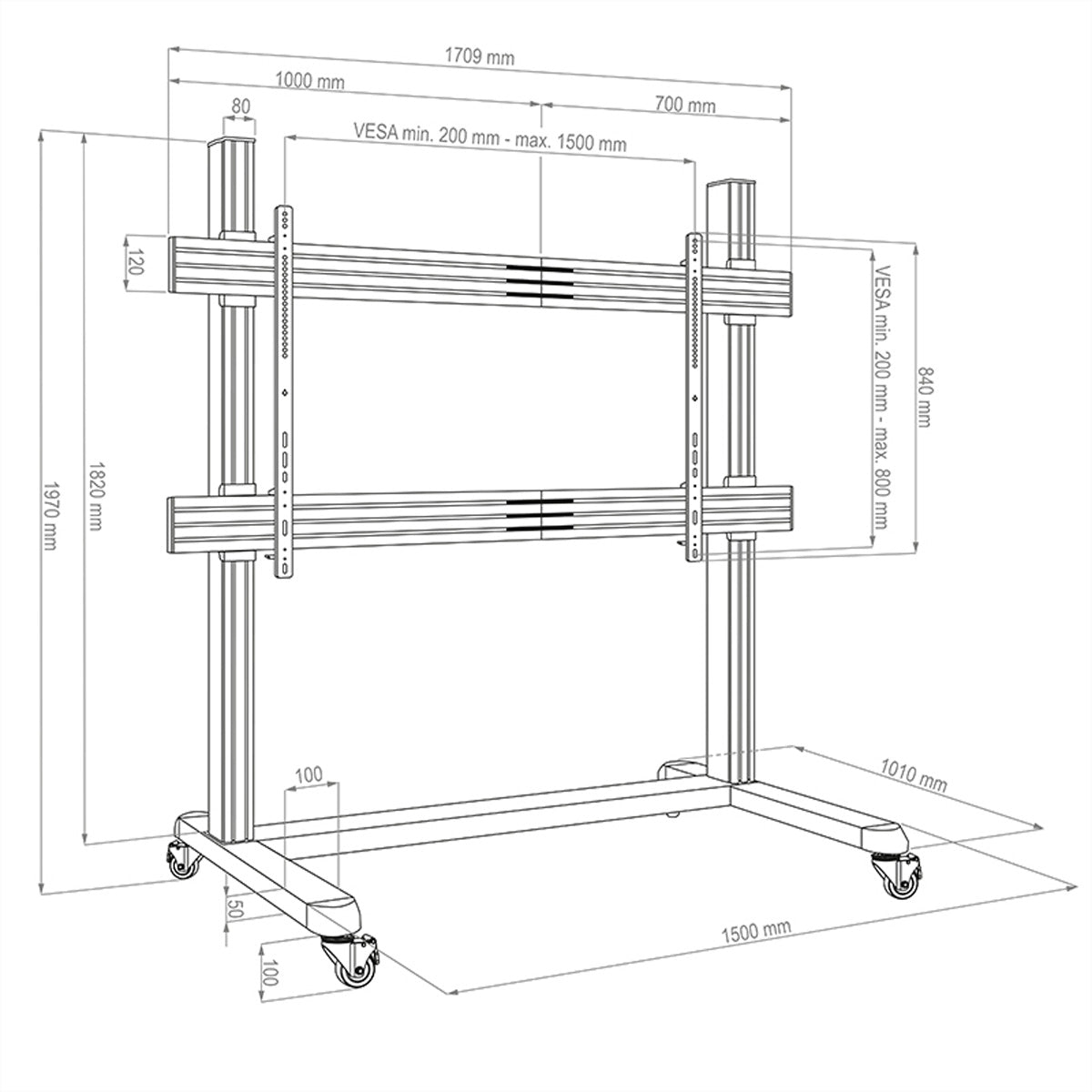 Hagor TV-Wagen – 86–110" – VESA 1500×800 – bis 130 kg, mit Rollen – CPS Single