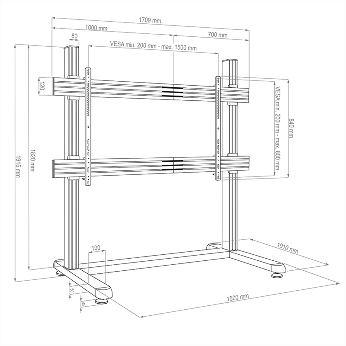 Hagor TV-Wagen – 86–110" – VESA 200×200–1500×800 – bis 150 kg, mit Rollen, Kabelmanagement – Schwarz