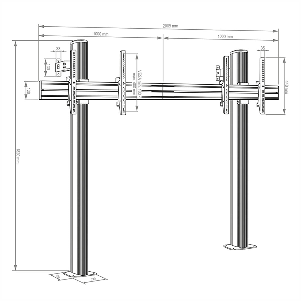 Hagor Bodenständer – 55–65" – VESA 800×400 – bis 50 kg, für 2 Displays – Schwarz