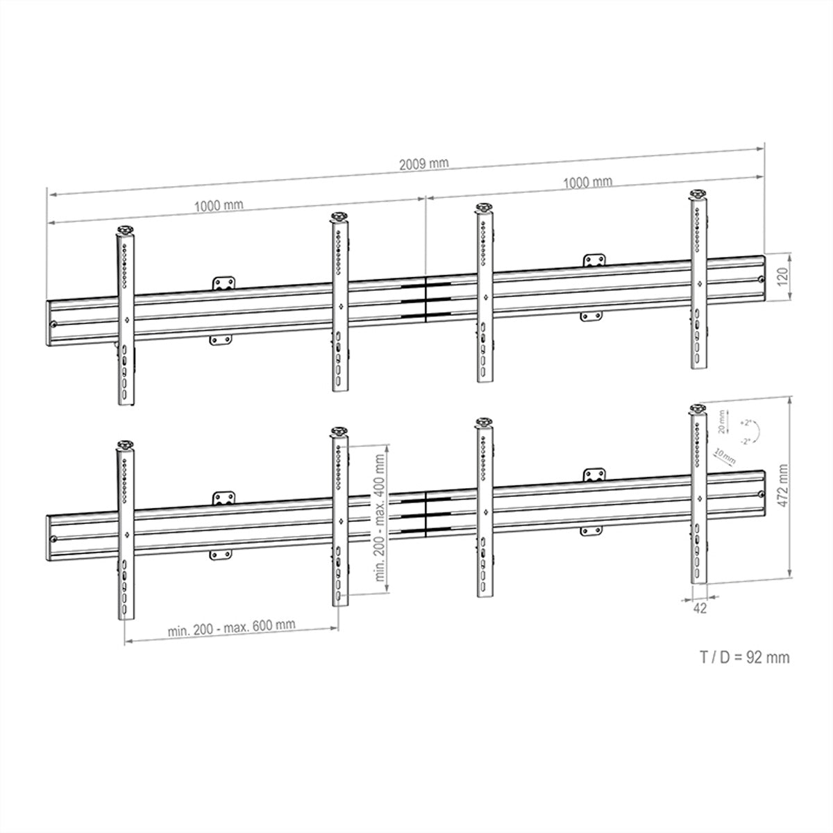Hagor Videowand-Halterung – 46–55" – VESA 75×75–600×400 – bis 160 kg, für 4 Displays – CPS W2x2L
