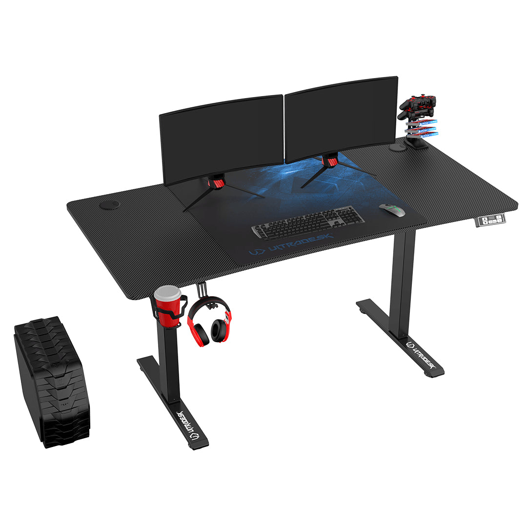 Ultradesk Level V2 Gaming-Tisch – 140 × 68 cm, höhenverstellbar, schwarz/blau, Stahl