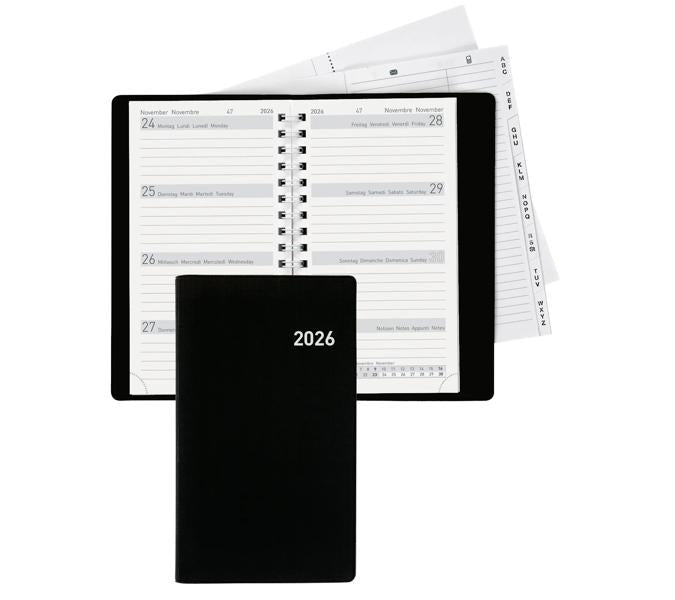 Biella Brüssel Agenda – 1 Woche/2 Seiten, Spiralbindung, 8,5 × 15,3 cm, 2026, Schwarz, FSC