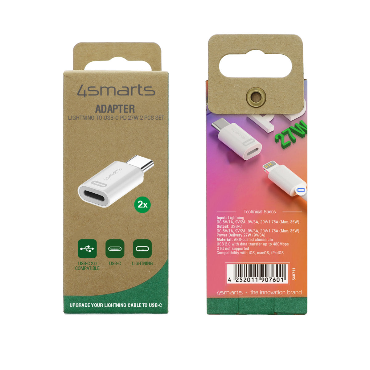 4smarts 540711 Adapter Lightning zu USB-C – USB 2.0 (480 Mbit/s), PD 27 W, 2er Set, Weiss