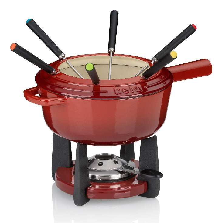 Kela Fondue-Set – Ø 20 cm, Gusseisen, für Käsefondue, Elektro, Rot, 6 Pers., 11 Teile