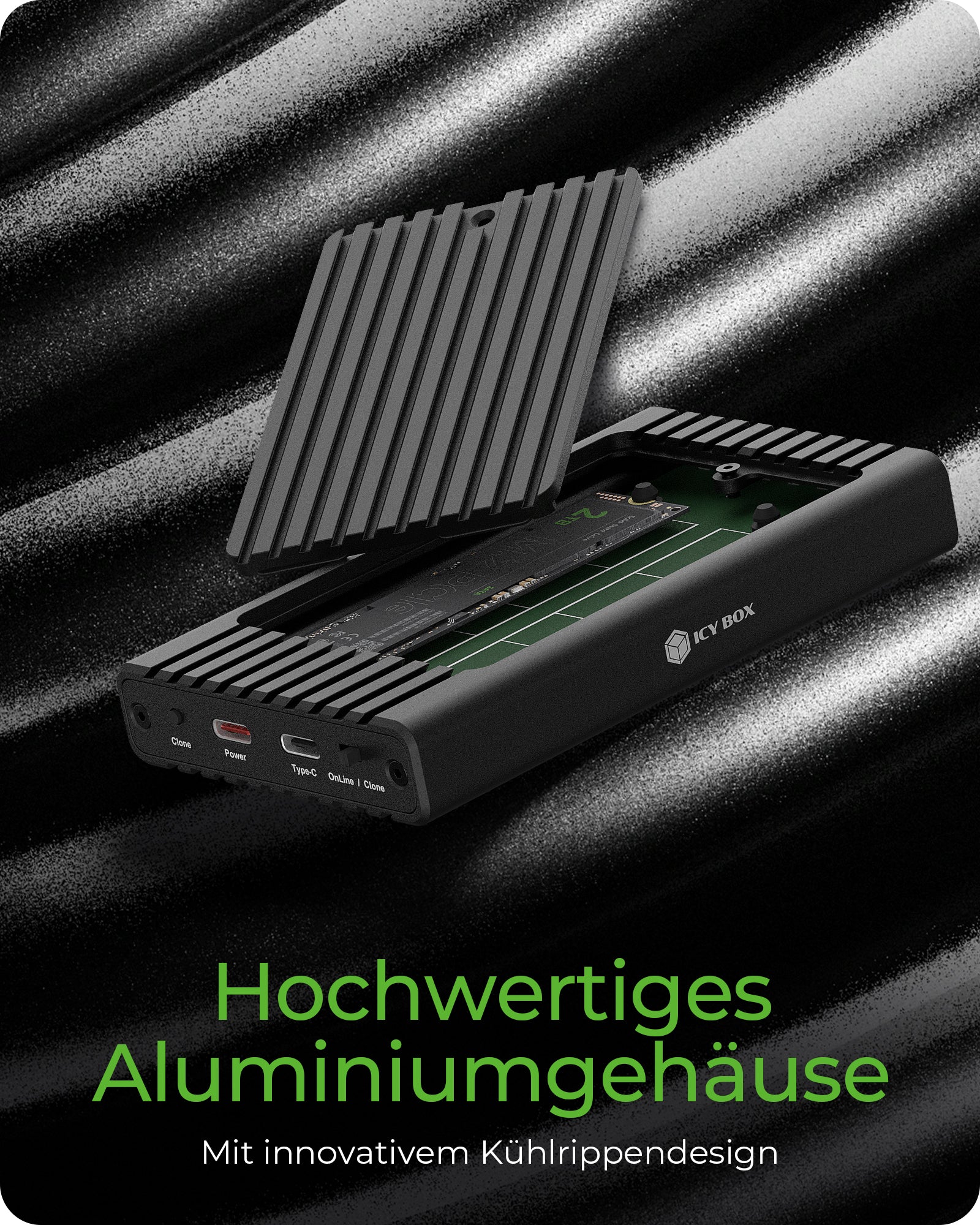 ICY BOX IB-2817MCL-C31 – 2-Bay SSD-Gehäuse – M.2 NVMe (30/42/60/80 mm), USB-C 3.2 Gen 2 (10 Gbit/s)