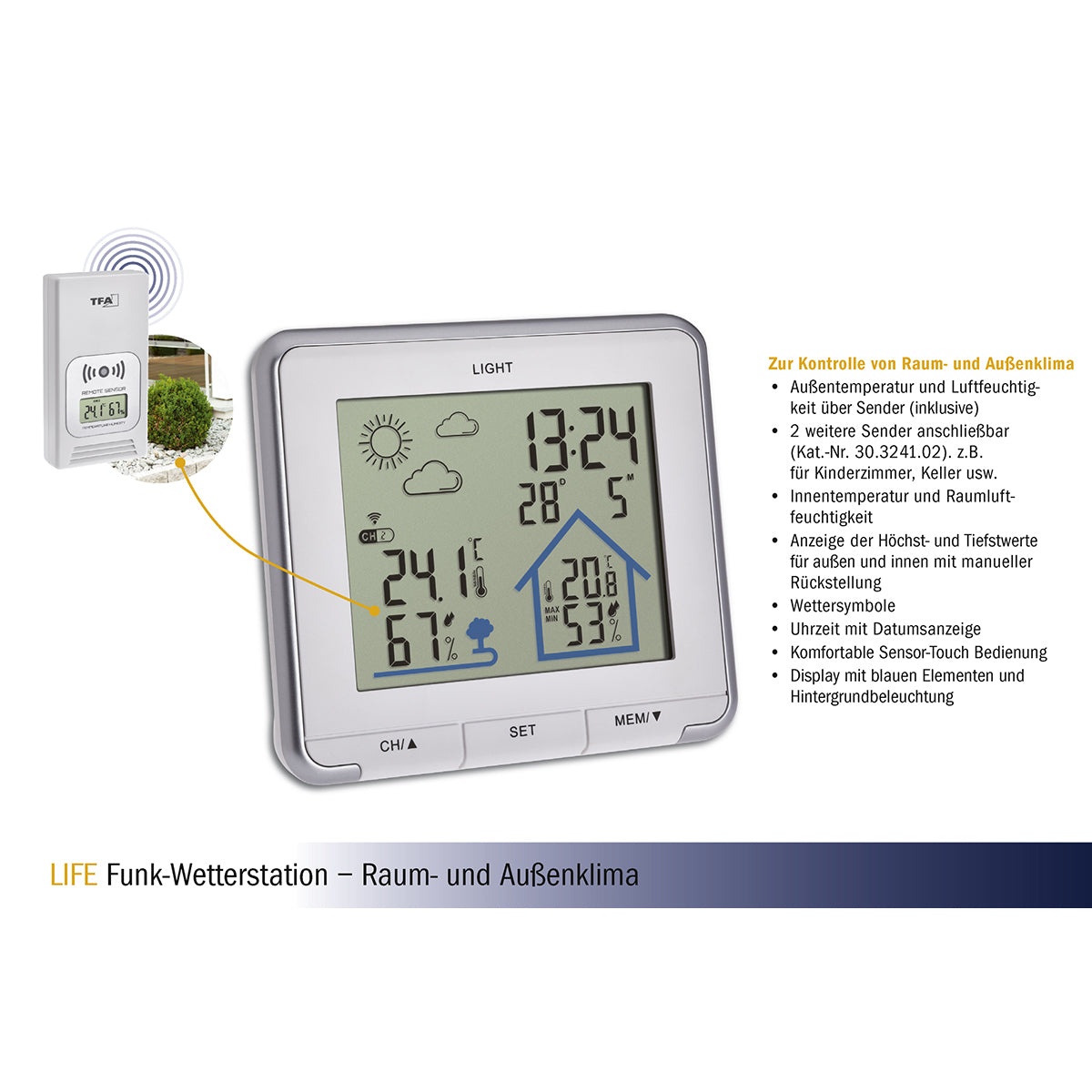 TFA-Dostmann LIFE Temperatur-/Feuchtesensor – Kabellos, −30–70 °C, 20–95 %, Innen/Aussen