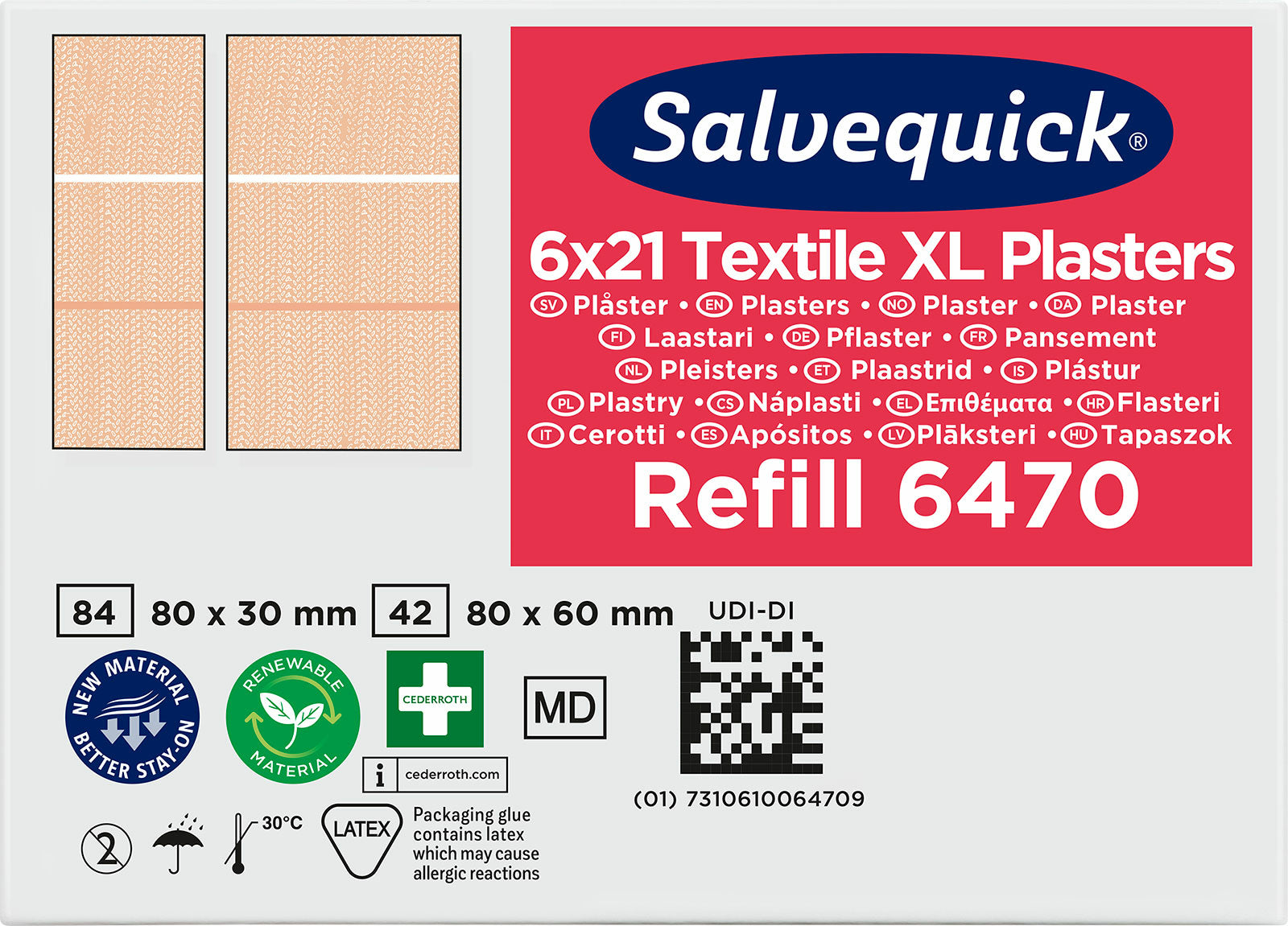 Cederroth Salvequick Pflaster-Nachfüllpackung – 66 × 22 mm, 21 Stück, für Salvequick-Spender
