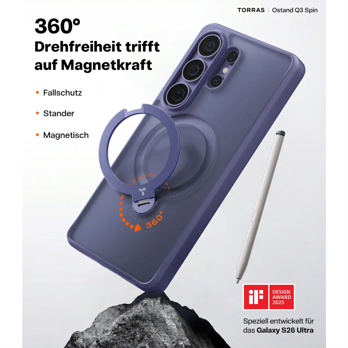 Torras Ostand 360 Spin Backcover – für Samsung Galaxy S26 Ultra, MagSafe, mit Ständer, PC+TPU, Violett