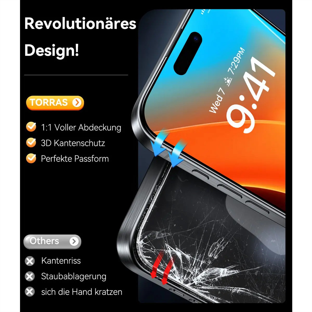 Torras Displayschutz (Panzerglas), fettabweisend – für iPhone 16 Pro Max – mit Applikator