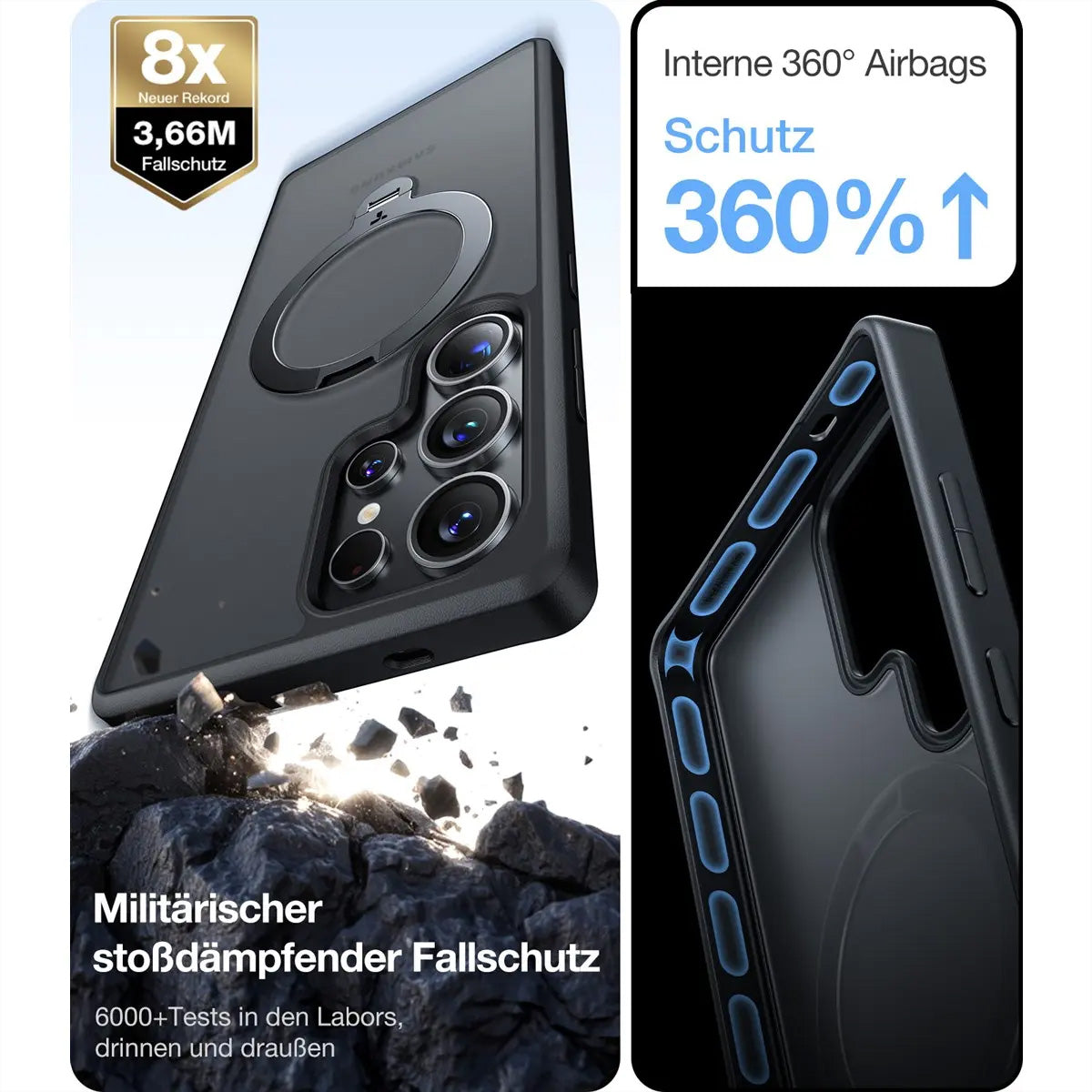 Torras Ostand 360 Backcover – für Samsung Galaxy S25 Ultra – MagSafe, mit Ständer, PC+TPU, Schwarz