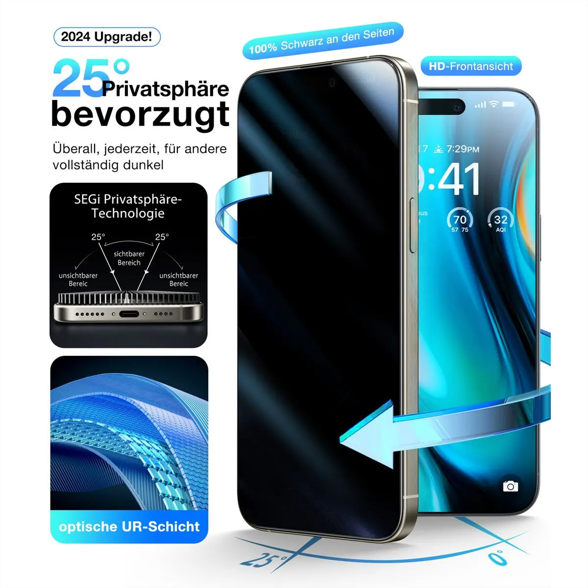Torras Privacy-Filter (Panzerglas), fettabweisend – für iPhone 16 Pro – mit Applikator