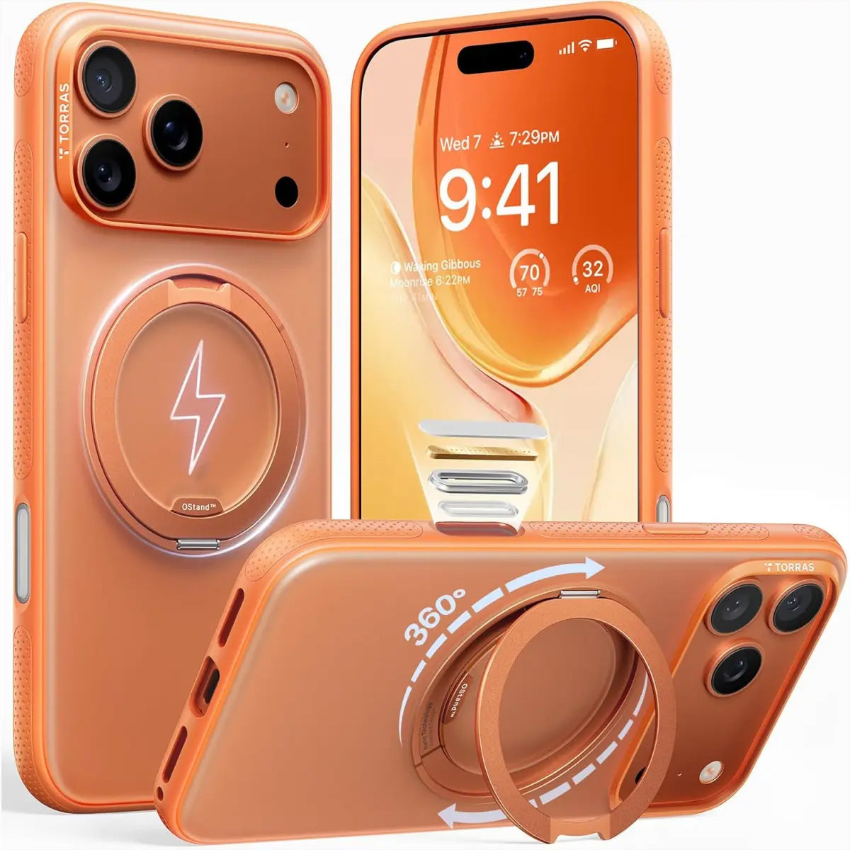 Torras UPRO Ostand Pro – Rückcover – für Apple iPhone 17 Pro Max, MagSafe, mit Ständer, Kunststoff, Orange