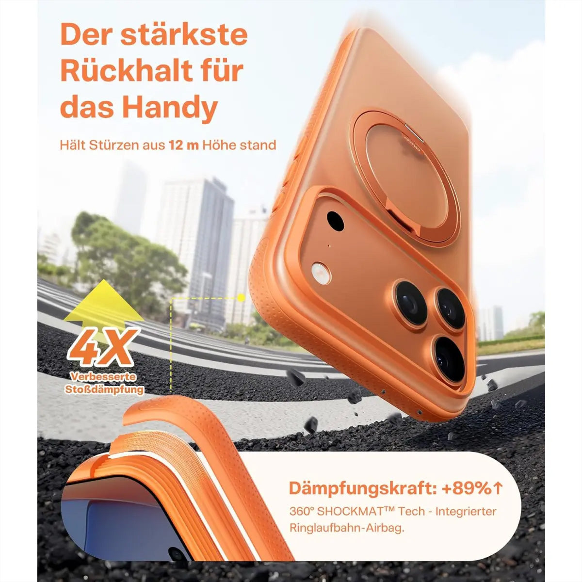 Torras UPRO Ostand Pro – Rückcover – für Apple iPhone 17 Pro Max, MagSafe, mit Ständer, Kunststoff, Orange