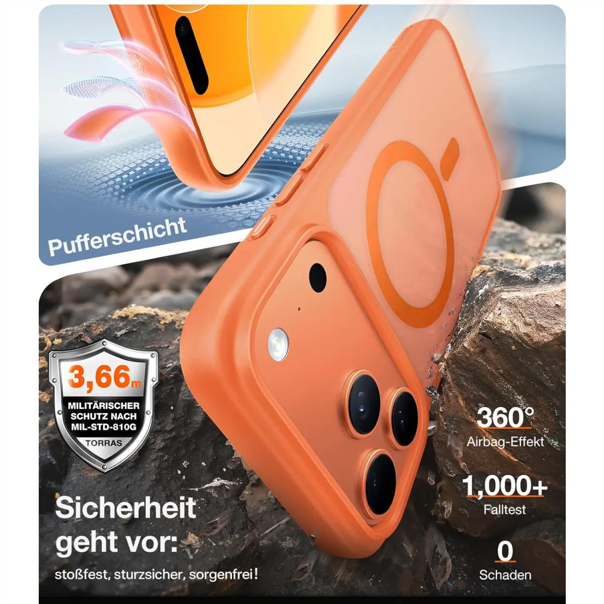 Torras Guardian Backcover – für Apple iPhone 17 Pro, MagSafe, PC+TPU, Orange, verstärkte Ecken