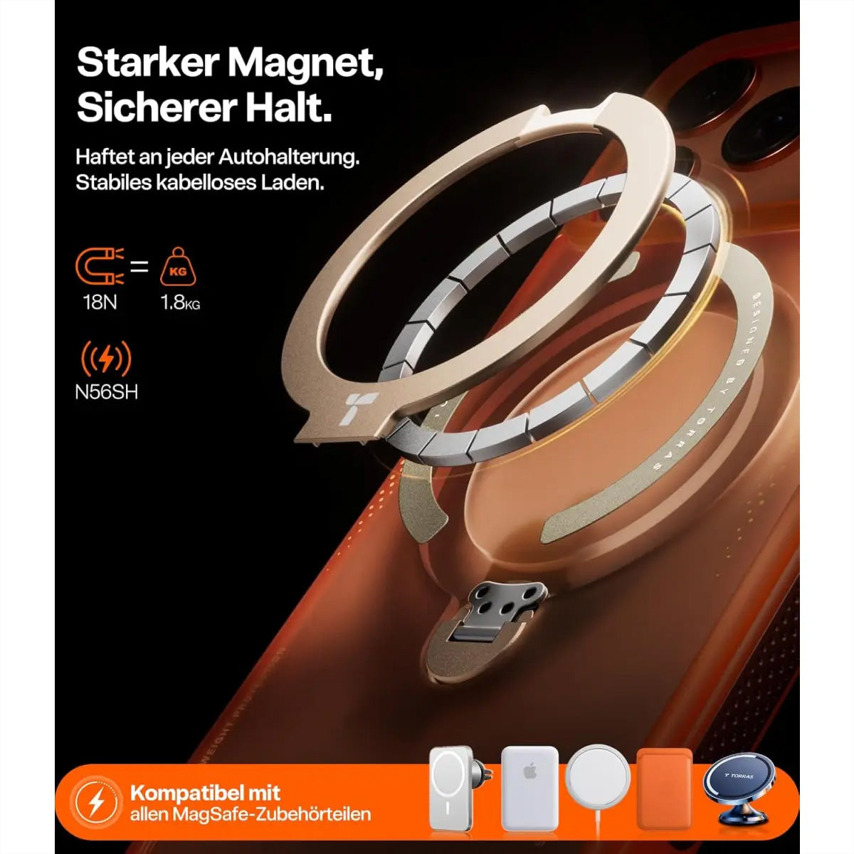 Torras Ostand Q3 Air – Backcover – für Apple iPhone 17 Pro – MagSafe, mit Ständer, PC+TPU, Orange
