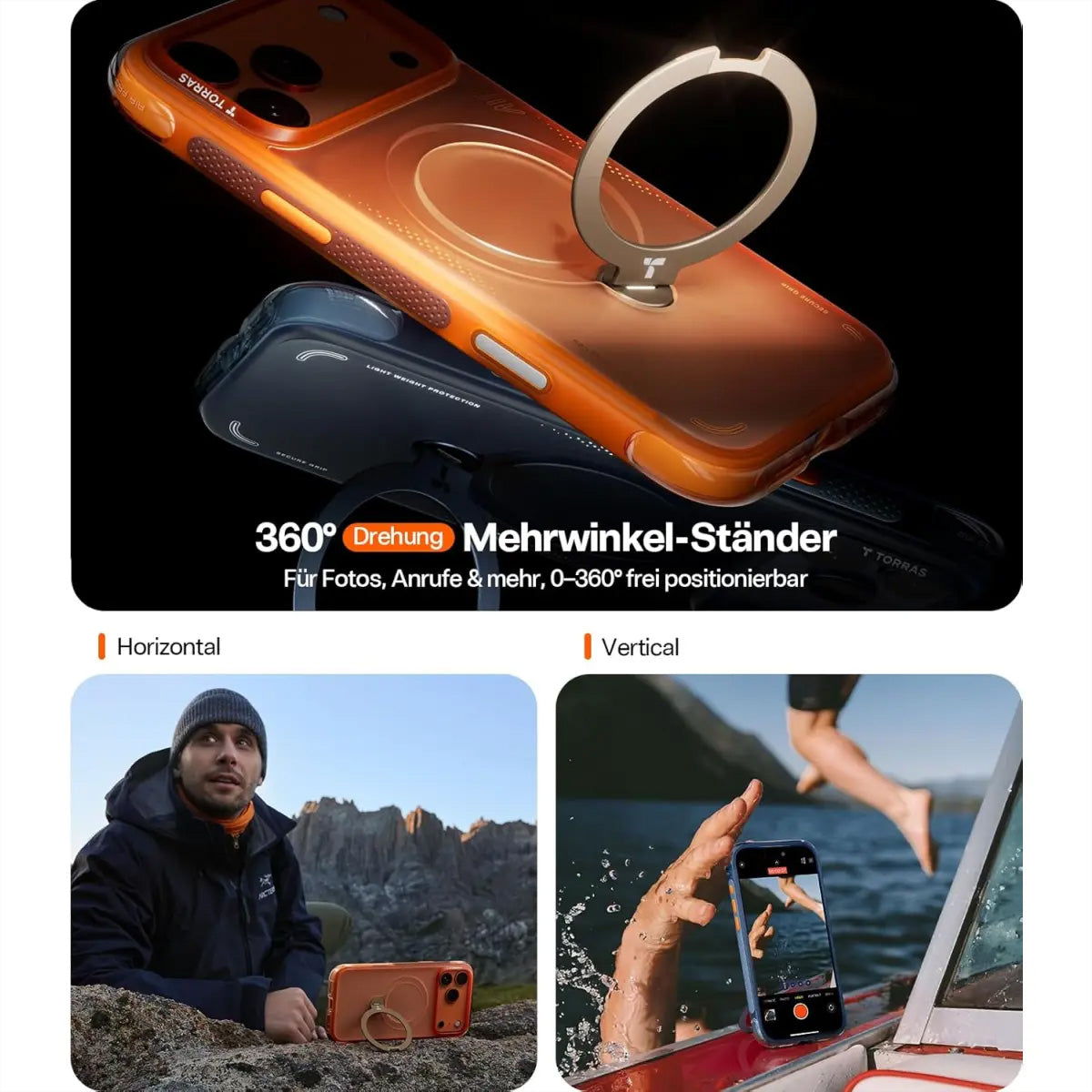 Torras Ostand Q3 Air – Backcover – für Apple iPhone 17 Pro – MagSafe, mit Ständer, PC+TPU, Orange