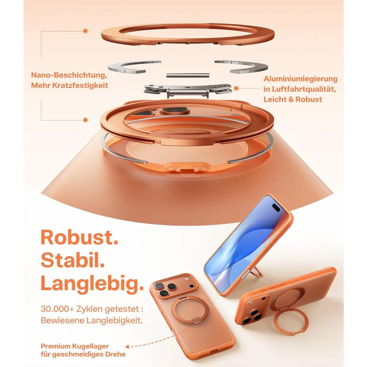 Torras UPRO Ostand Pro Backcover – für Apple iPhone 17 Pro, MagSafe, mit Ständer, PC+TPU, Orange