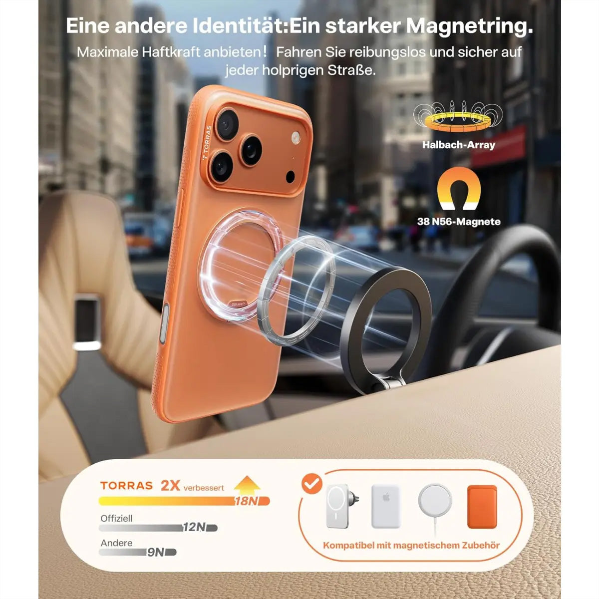 Torras UPRO Ostand Pro Backcover – für Apple iPhone 17 Pro, MagSafe, mit Ständer, PC+TPU, Orange
