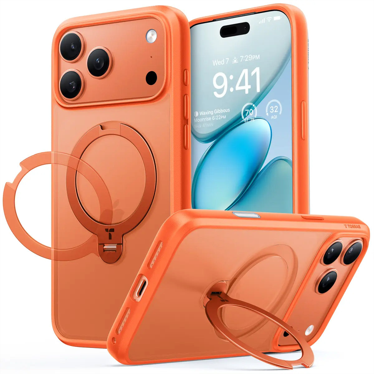 Torras Ostand 360 – Rückcover – für Apple iPhone 17 Pro, MagSafe, mit Ständer, PC+TPU, Orange