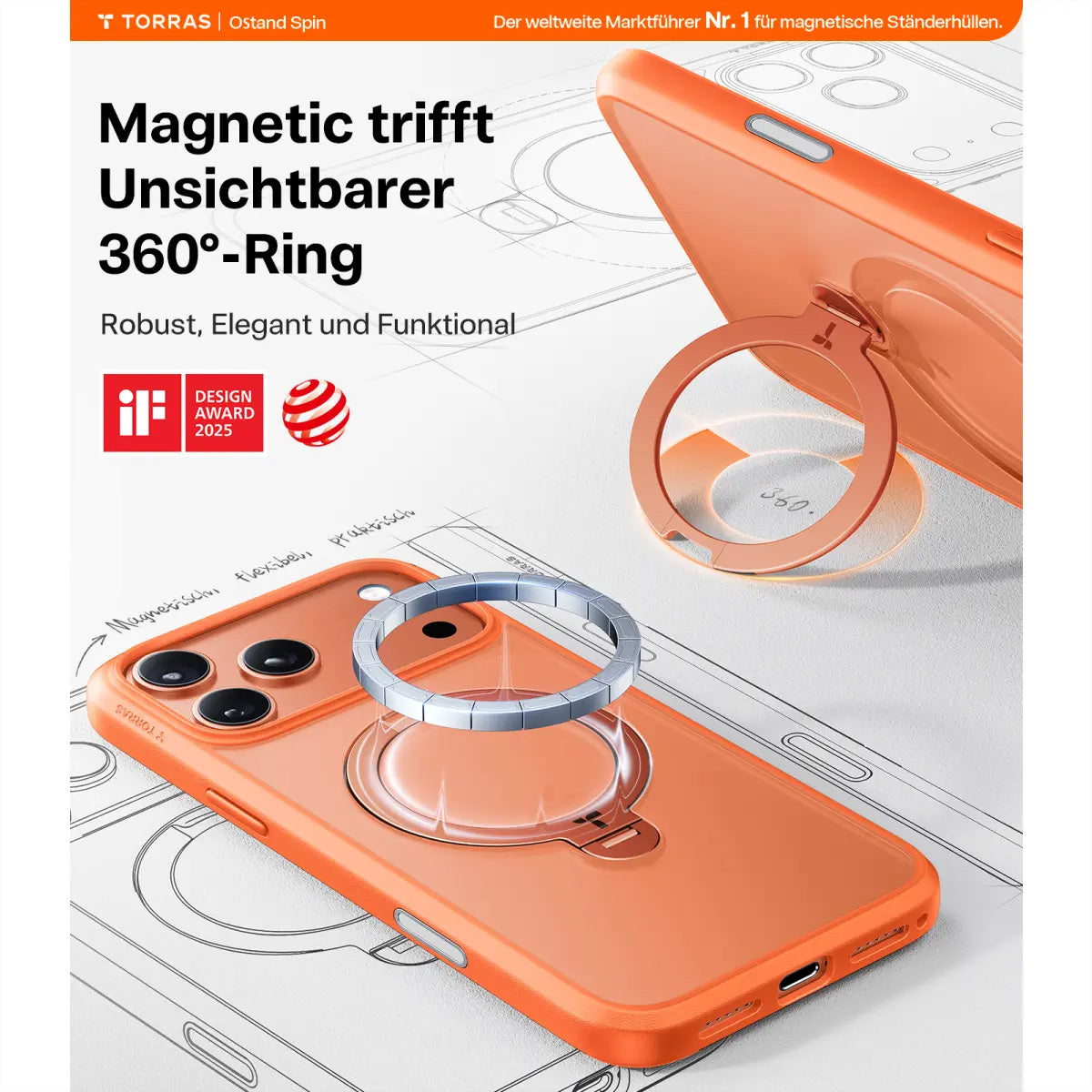 Torras Ostand 360 – Rückcover – für Apple iPhone 17 Pro, MagSafe, mit Ständer, PC+TPU, Orange