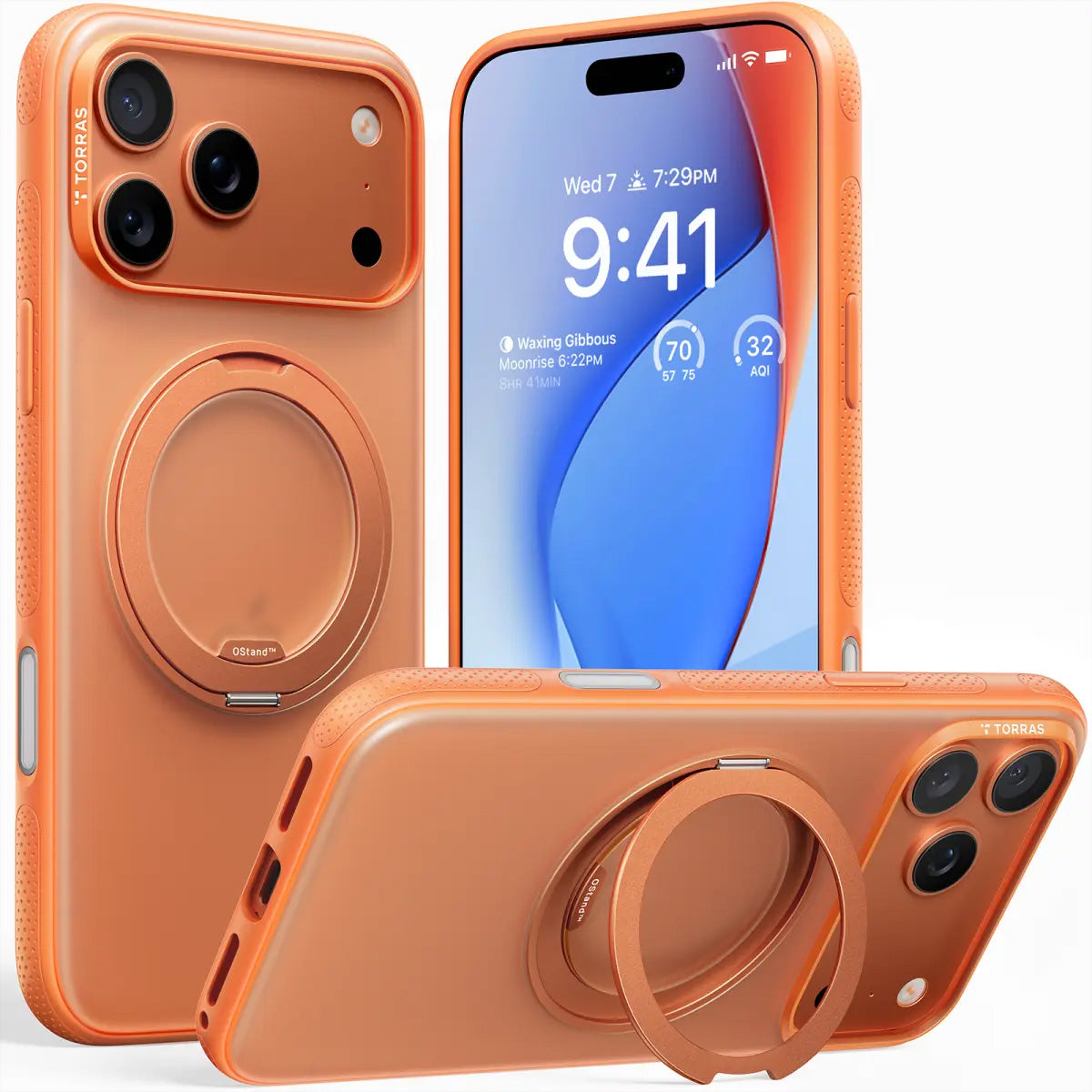 Torras Ostand R Fitness Backcover – für Apple iPhone 17 Pro, MagSafe, mit Ständer, PC+TPU, Orange, Ringhalter