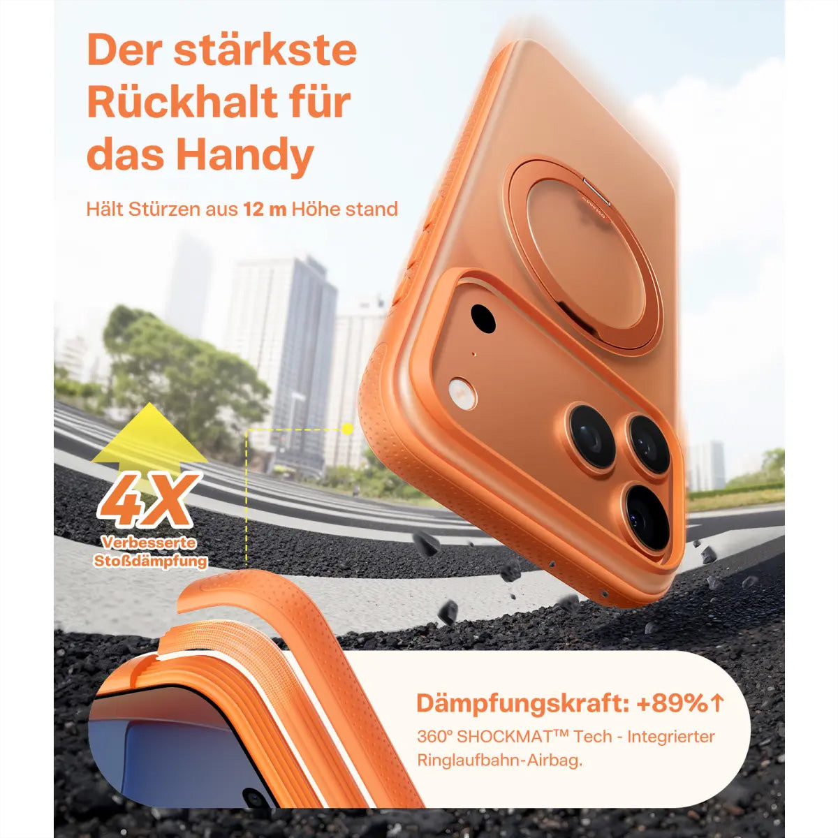 Torras Ostand R Fitness Backcover – für Apple iPhone 17 Pro, MagSafe, mit Ständer, PC+TPU, Orange, Ringhalter