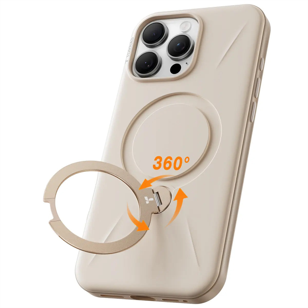 Torras Ostand 360 Spin Fusion Backcover – für Apple iPhone 16 Pro, MagSafe, mit Ständer, PC+TPU, Beige