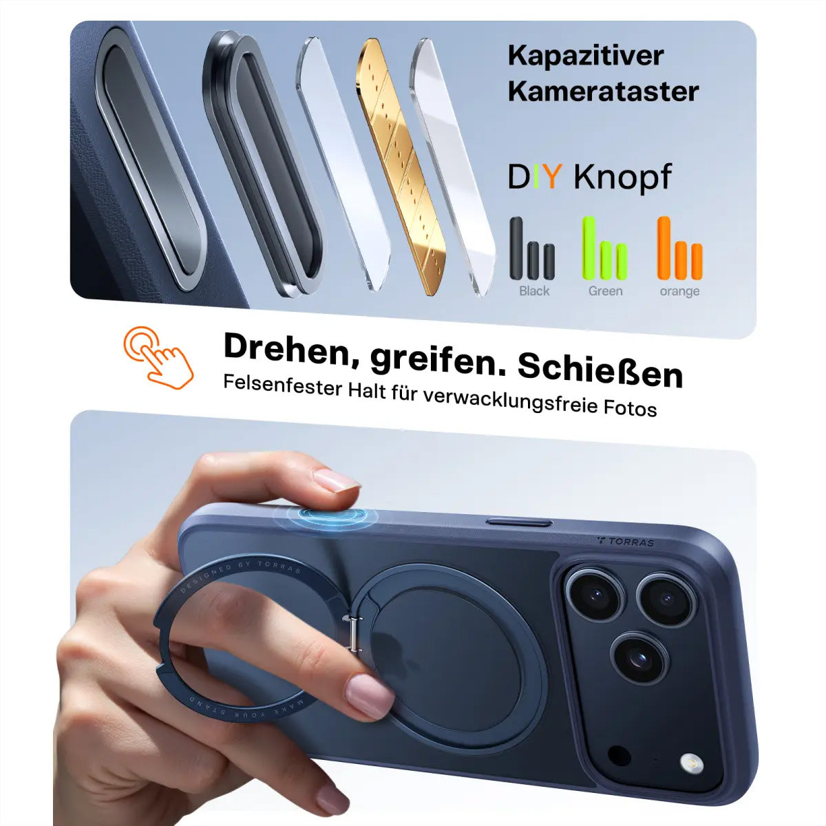 Torras Backcover – für Apple iPhone 17 Pro Max, MagSafe, mit Ständer, PC+TPU, Blau