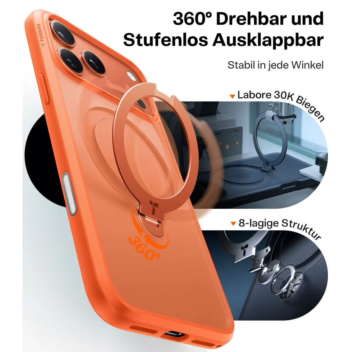 Torras UPRO Ostand Spin Backcover – für Apple iPhone 17 Pro Max, MagSafe, mit Ständer, PC+TPU, Orange