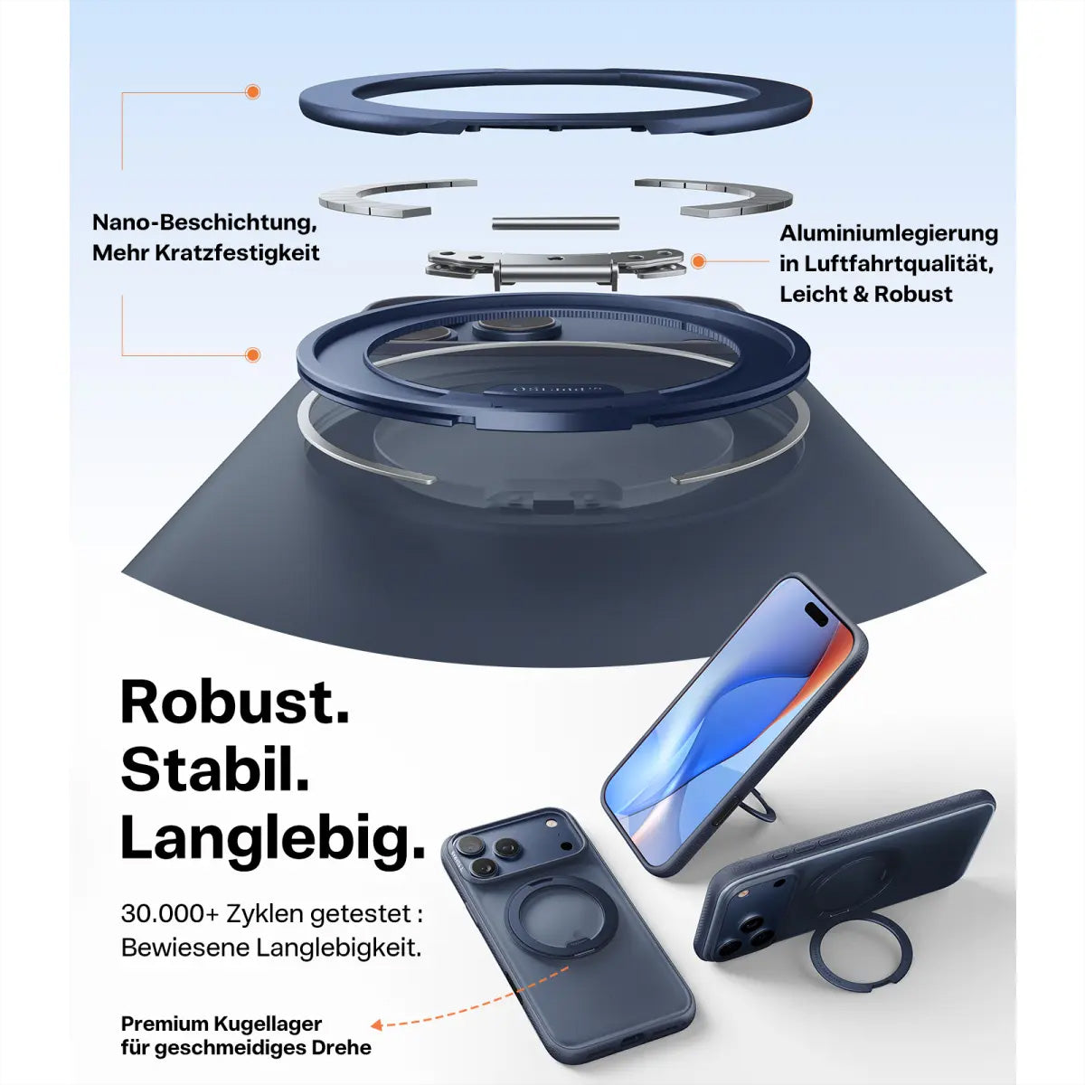 Torras Ostand R Fitness Backcover – für Apple iPhone 17 Pro, MagSafe, mit Ständer, PC+TPU, Blau, Ringhalter