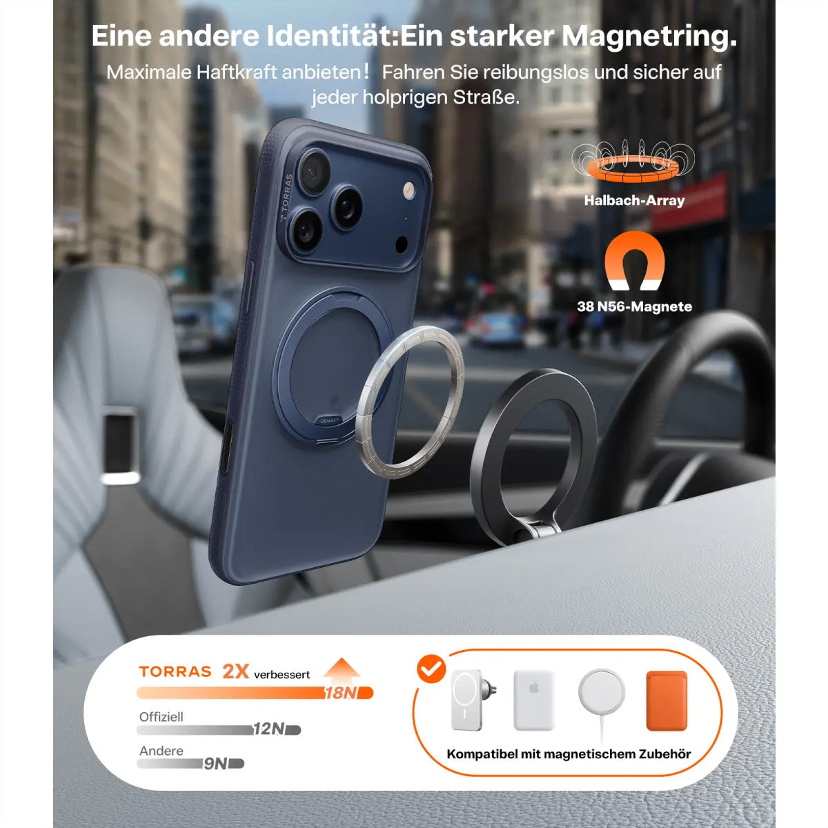 Torras Ostand R Fitness Backcover – für Apple iPhone 17 Pro, MagSafe, mit Ständer, PC+TPU, Blau, Ringhalter