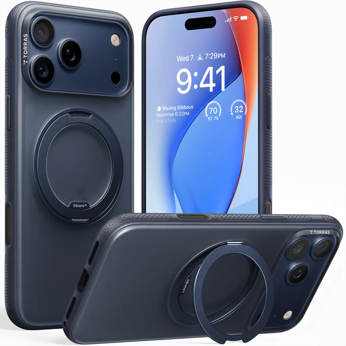 Torras Ostand R Fitness Backcover – für Apple iPhone 17 Pro, MagSafe, mit Ständer, PC+TPU, Blau, Ringhalter