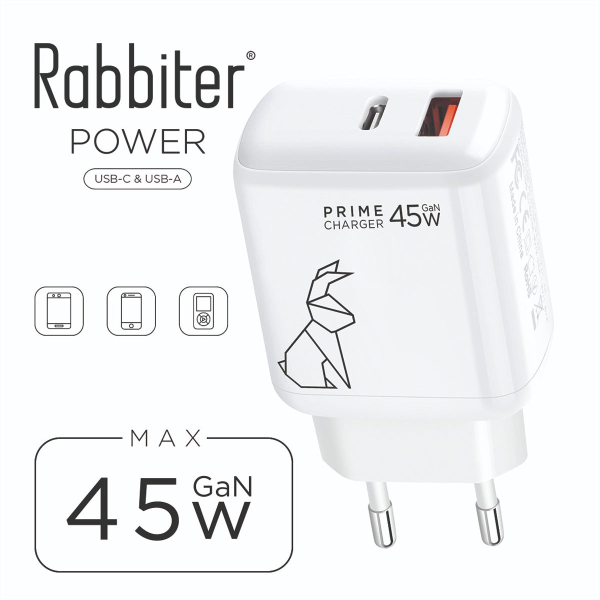 Rabbiter Power Fast Dual-Charger USB-Ladegerät 45 W – USB-C×1, USB-A×1 – GaN – für Smartphones – weiss