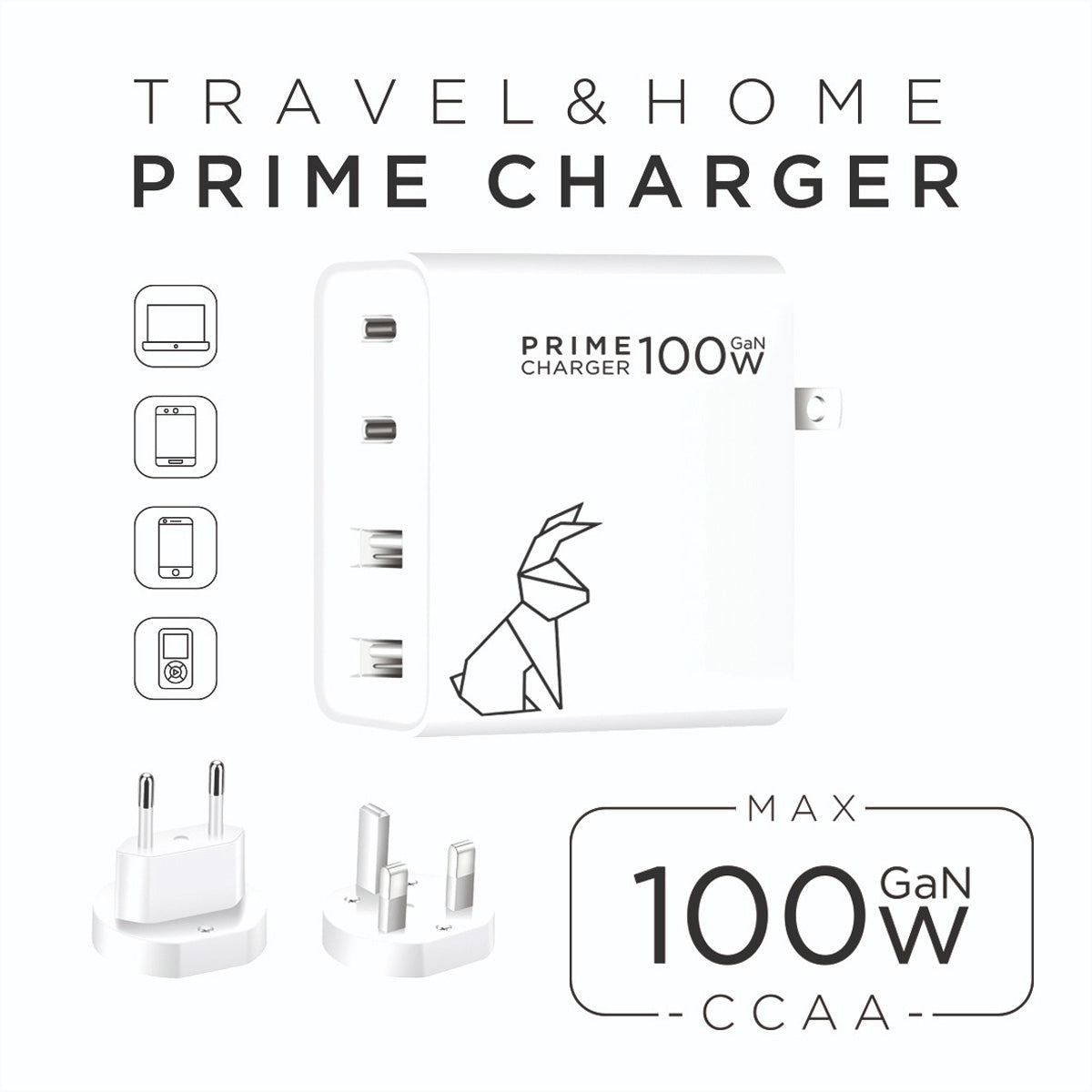 Rabbiter Prime Charger USB-Ladegerät 100 W – USB-C×2, USB-A×2 – GaN, weiss