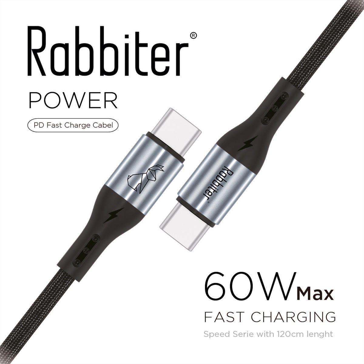 Rabbiter USB-C auf USB-C Kabel – USB 2.0 (480 Mbit/s) – 1,2 m – PD 60 W – Textilmantel – Schwarz