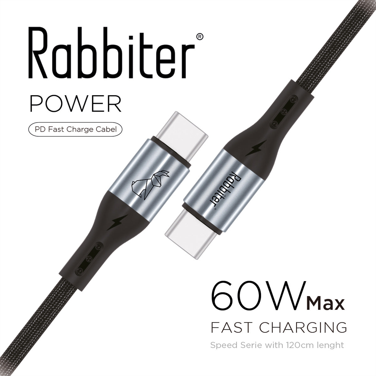 Rabbiter USB-C auf USB-C Kabel – USB 3.2 Gen 1 (5 Gbit/s) – 1,2 m – PD 60 W – Schwarz