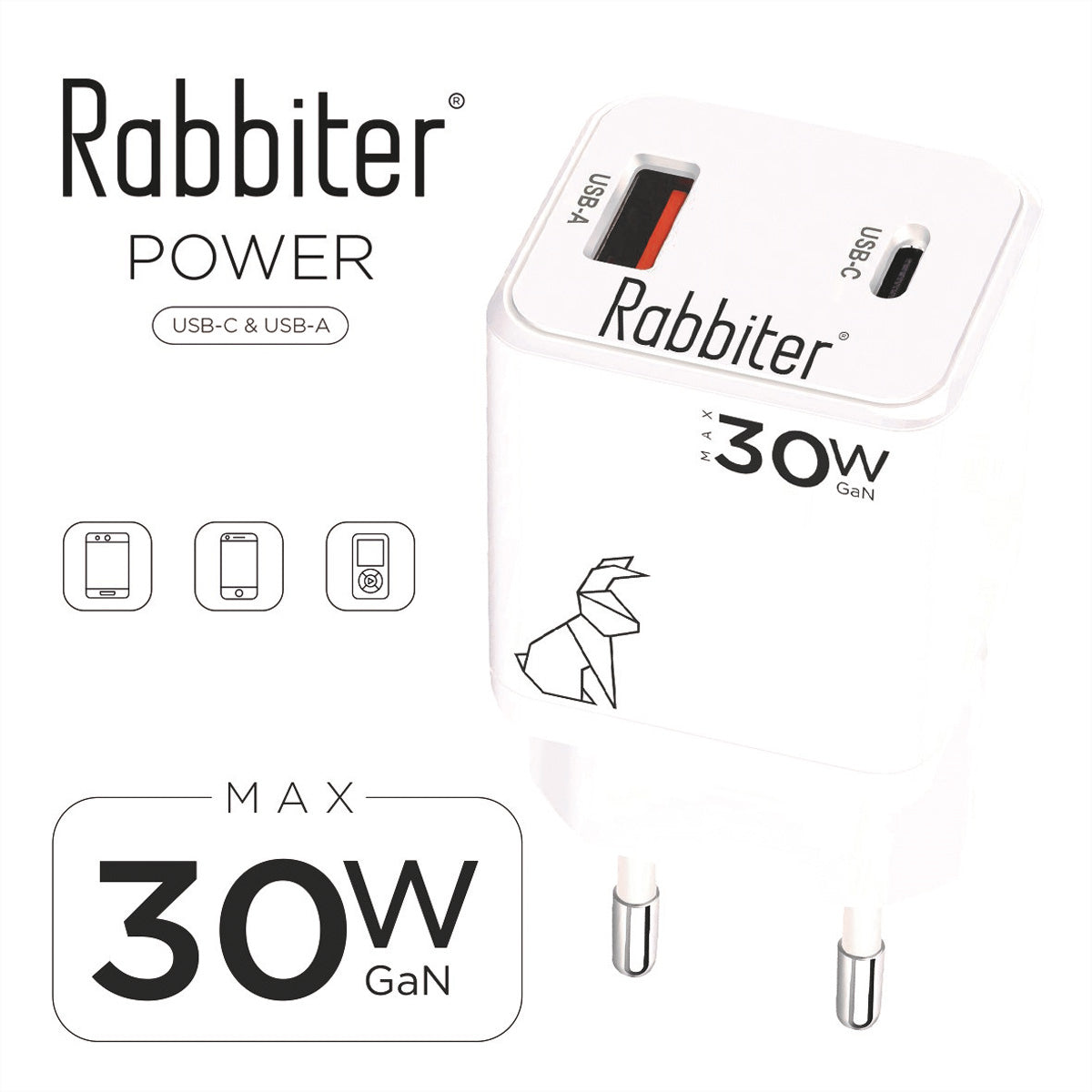 Rabbiter Power Mini Dual-Charger USB-Ladegerät 30 W – USB-C×1, USB-A×1 – PD, GaN – Weiss