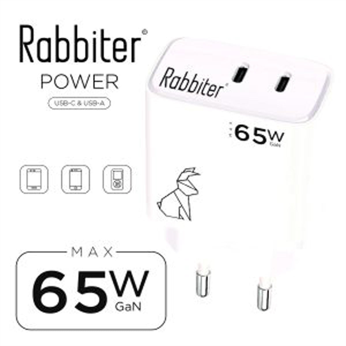 Rabbiter Power 65W Schnelles Dual-Ladegerät USB-Ladegerät – USB-C×2 – GaN, weiss