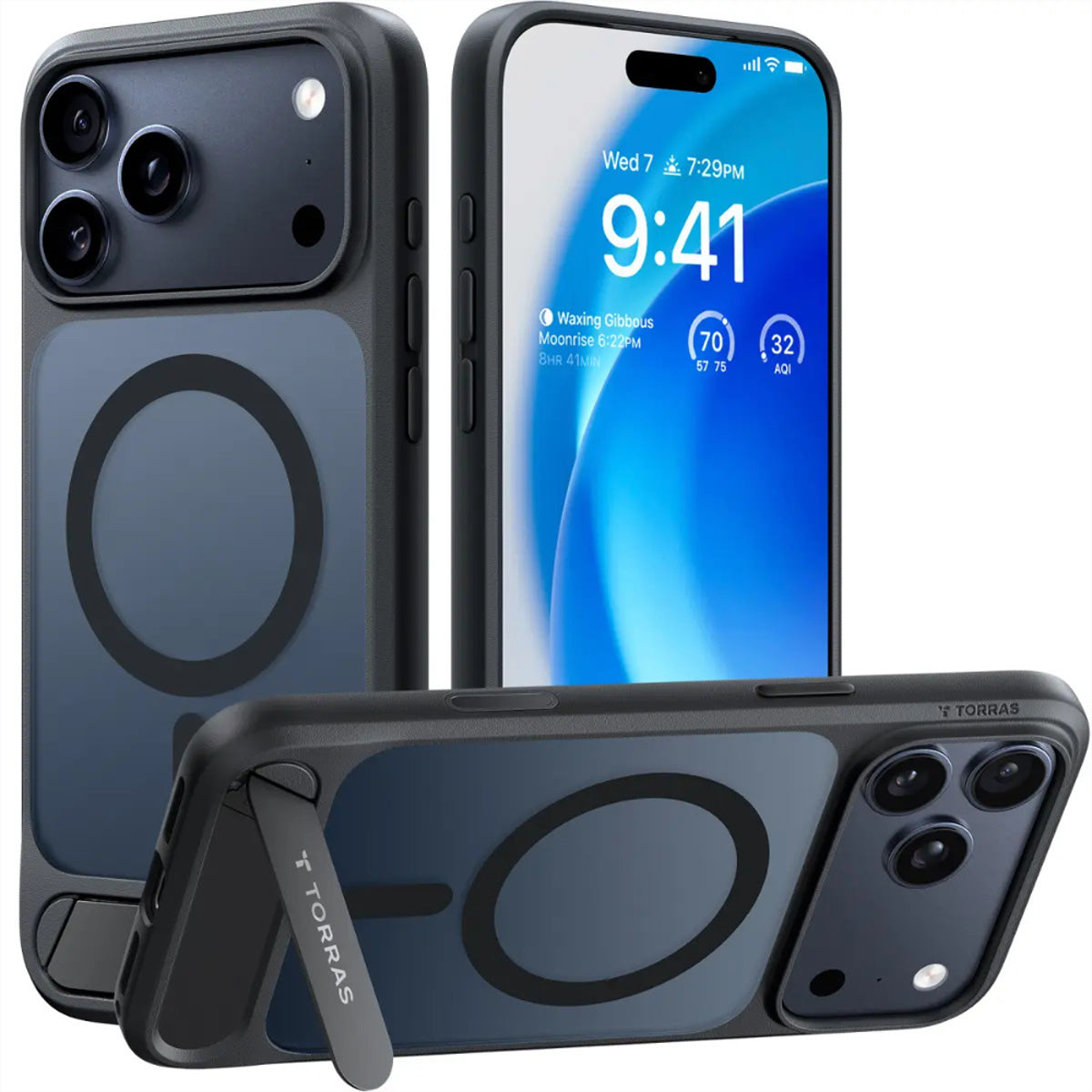 Torras Pstand Spin – Backcover – für Apple iPhone 17 Pro Max, MagSafe, mit Ständer, PC+TPU, schwarz