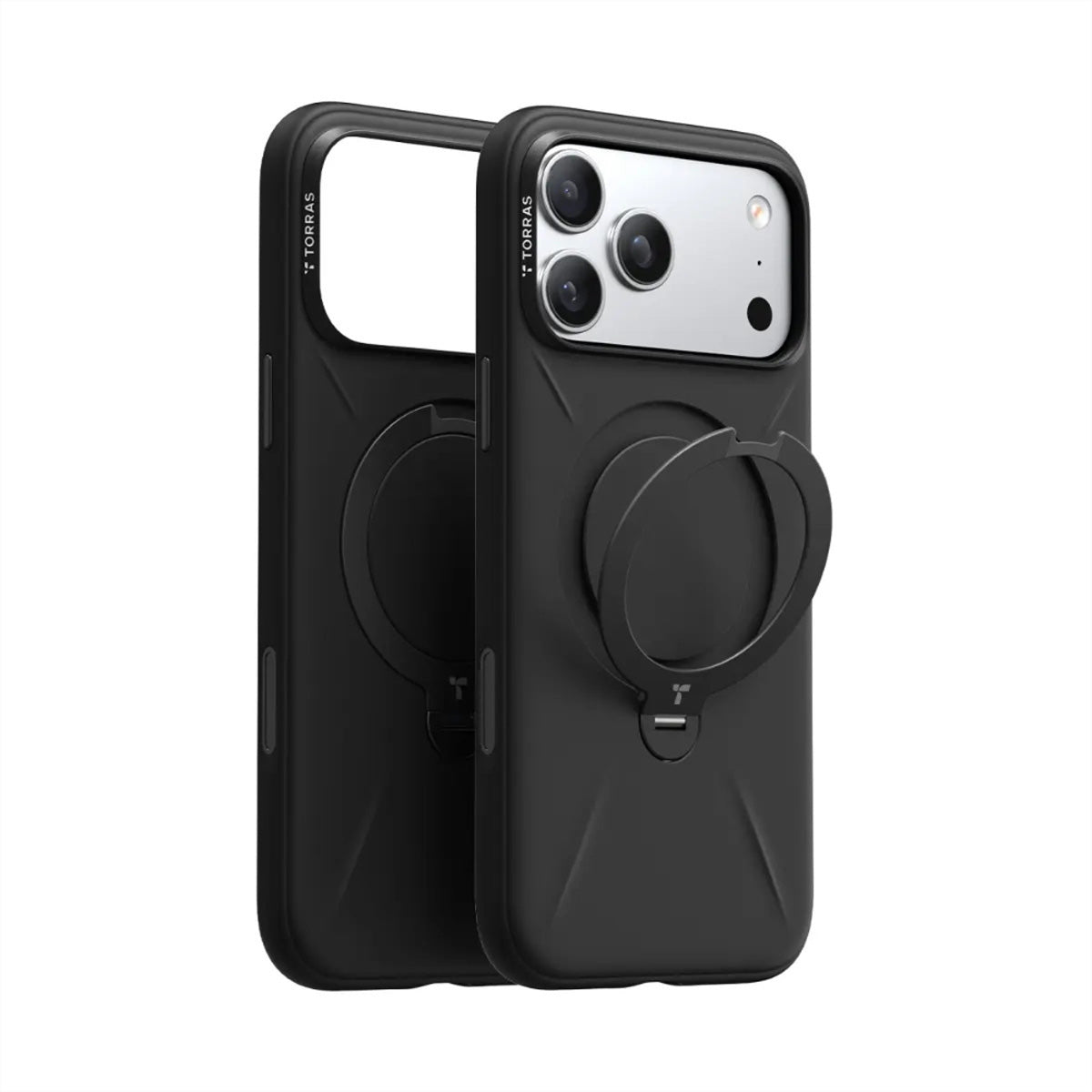 Torras Ostand Spin Softune Backcover – für Apple iPhone 17 Pro, MagSafe, mit Ständer, PC+TPU, schwarz