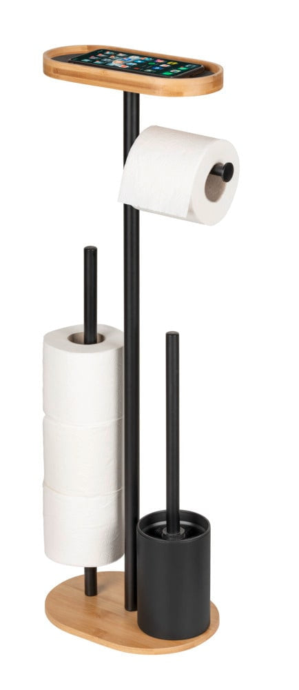 Wenko – WC-Bürstenset – Metall, Bambus, Schwarz, Braun, Bodenstehend, H 70,5 cm