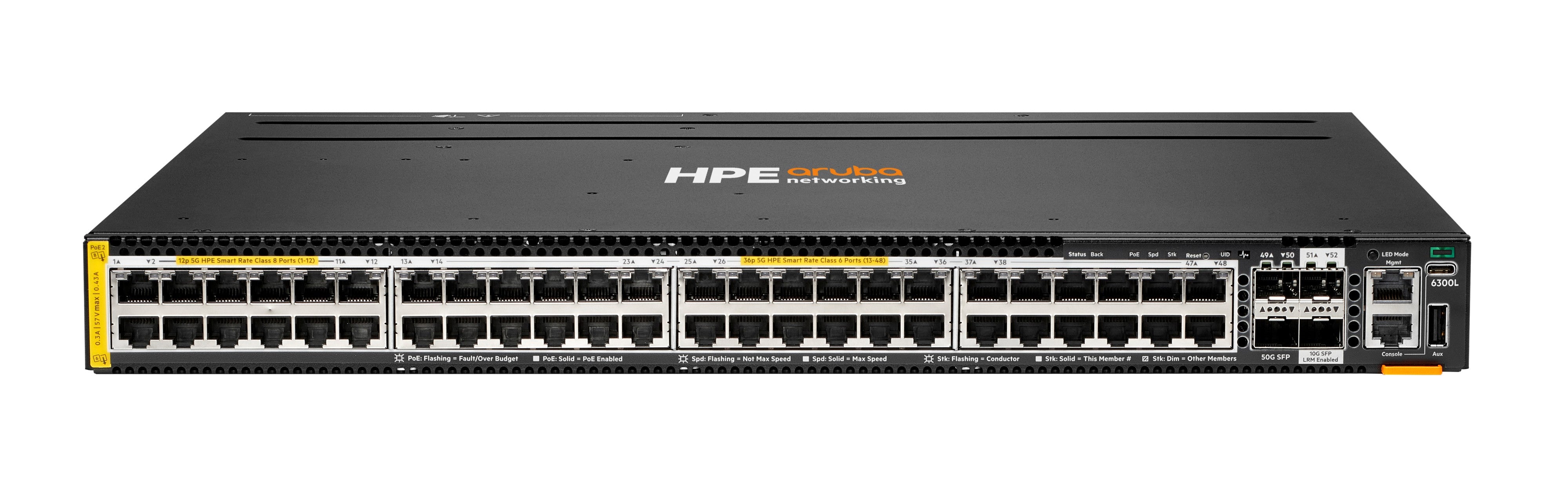 HPE Aruba ANW 6300L 48SR5 – Managed Switch – 48×100M/1G/2.5G/5G, 2×SFP56 50G, 2×SFP+ 1G/10G, L2