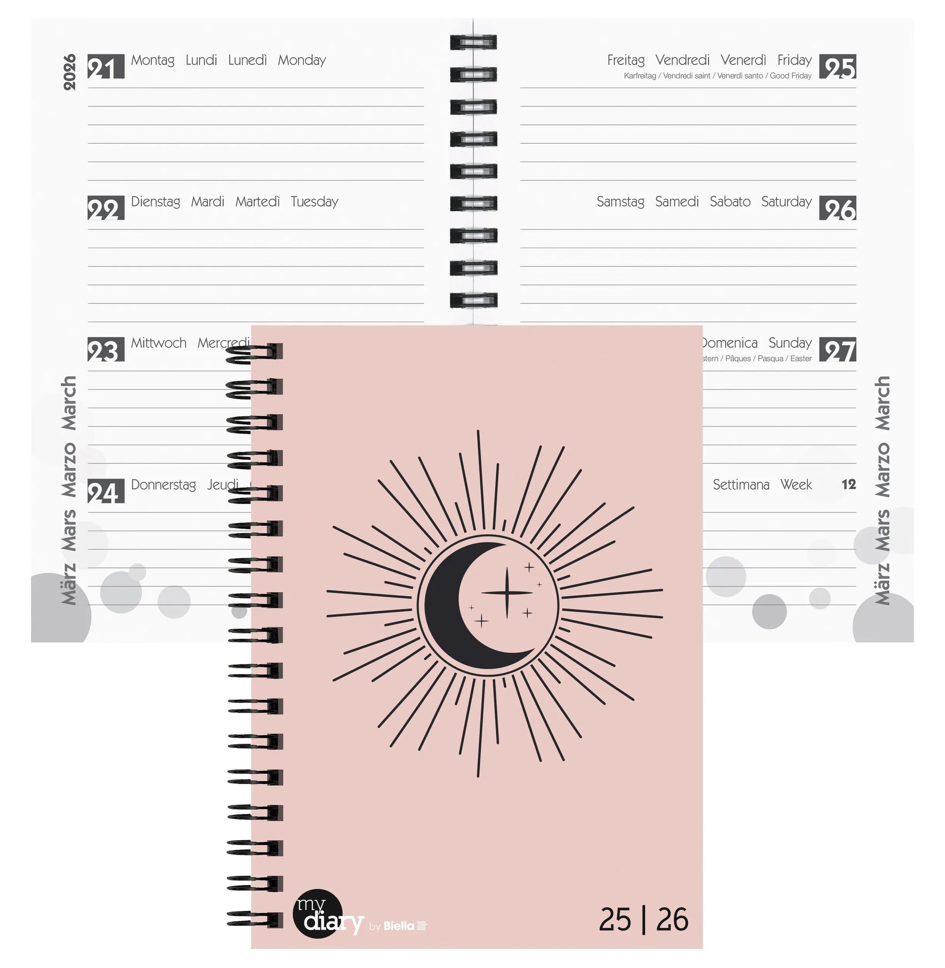 Biella mydiary Schüleragenda – 1 Woche/2 Seiten, Wire-O, 12 × 16,5 cm, Aug–Jul, mehrsprachig, Trend, FSC