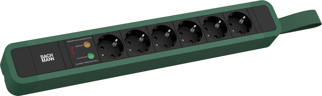 Bachmann Steckdosenleiste – 6×Schuko (Typ E/F), 2,0 m, Schalter, Überspannungsschutz, Schlaufe, Grün