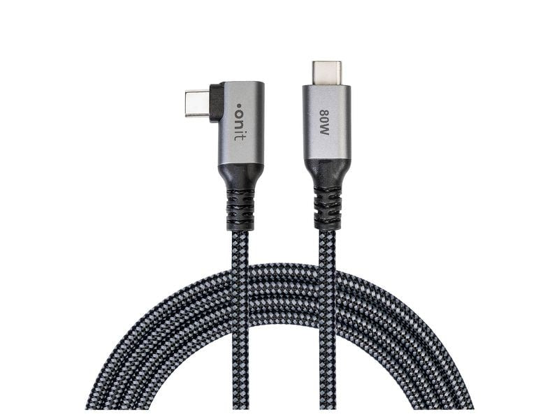 ONIT USB-C auf USB-C Kabel – USB4 20 Gbit/s – 3 m – PD 80 W – Abgewinkelt, Textilmantel – Schwarz/Grau