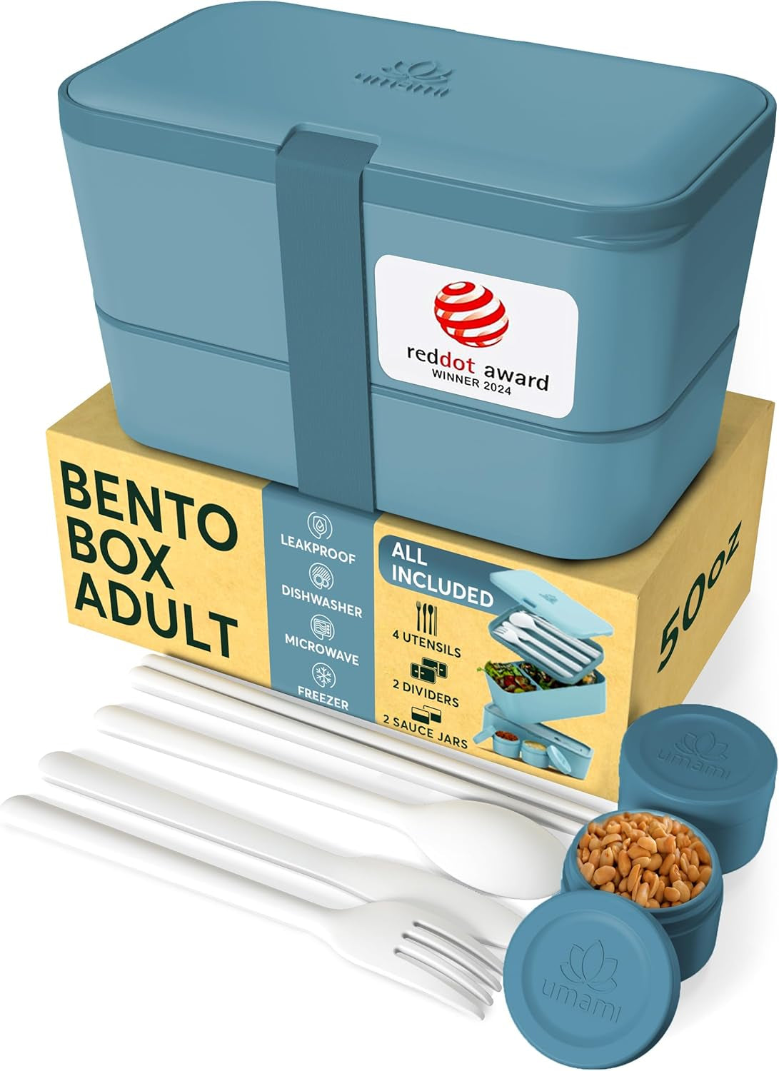 Umami Nestable – Lunchbox 1,5 l, 11 × 18,2 × 7 cm, Polypropylen (PP), Mint/Blau, 2 Fächer, leckdicht
