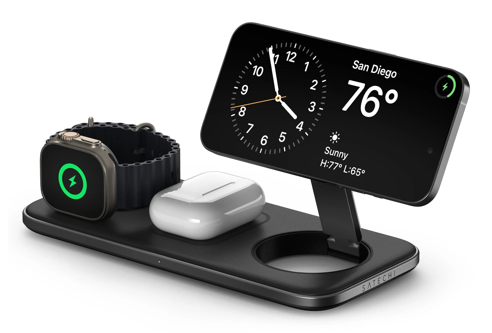 Satechi Qi2 Trio Kabelloses Ladegerät 15 W – Qi2 – für Smartwatch, Kopfhörer, Smartphone – Grau