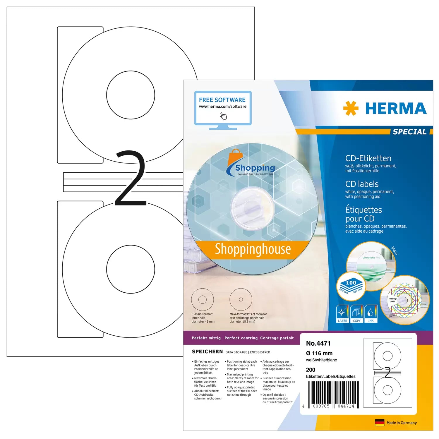 HERMA CD-/DVD-Etiketten, Ø 116 mm, weiss, Papier, permanent, 200 Etiketten