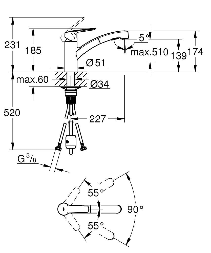GROHE Start – Küchenarmatur, 5,1 × 22,7 × 18,5 cm, Messing, Schwarz, ausziehbare Brause